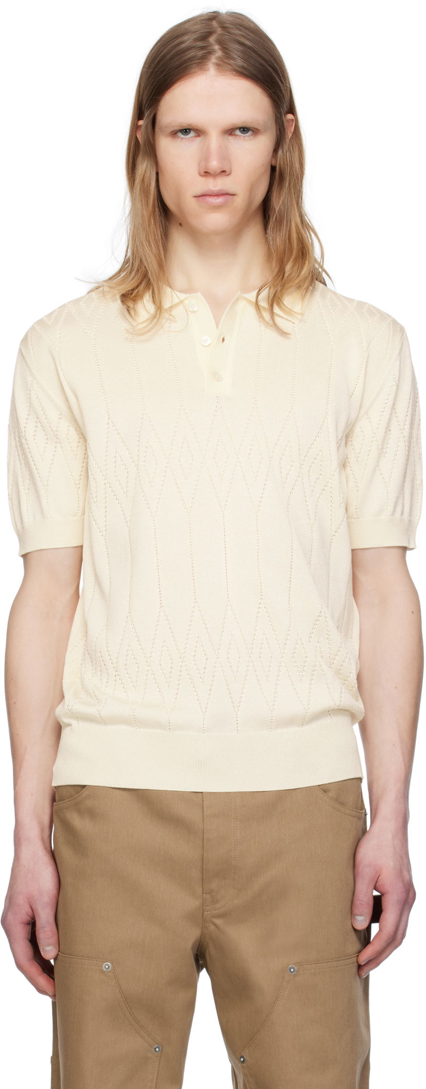 Polo skjorte Golden Goose Golden Goose Argyle Knit Short Sleeve Polo Beige | GMP01412.P001834.11560