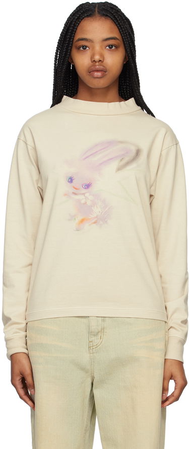 Sweater We11done We11done Crewneck Long Sleeve T-Shirt with Bunny Print Beige | WD-TT1-23-792-U-IV, 0