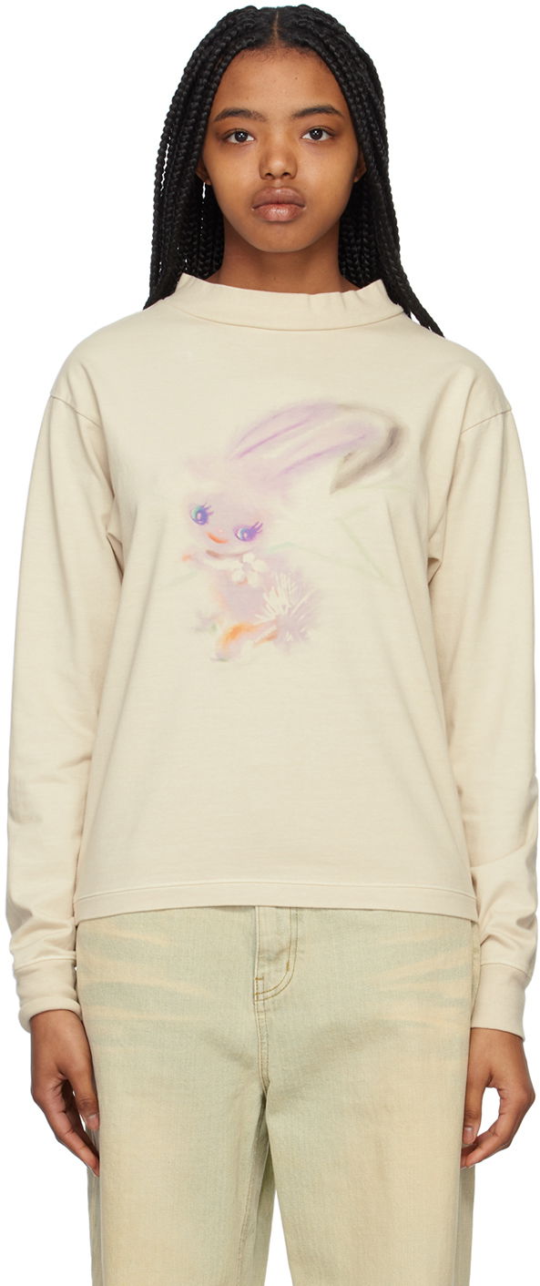 Sweater We11done We11done Crewneck Long Sleeve T-Shirt with Bunny Print Beige | WD-TT1-23-792-U-IV