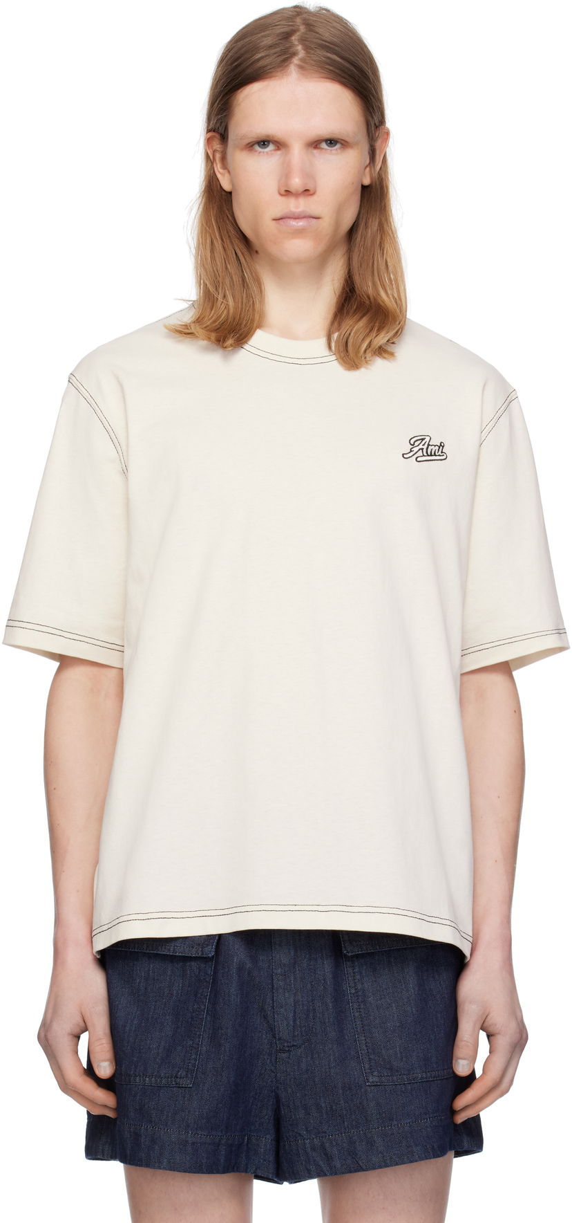 T-shirt AMI AMI Paris Signature Cotton T-Shirt Beige | HTS029.JE0118