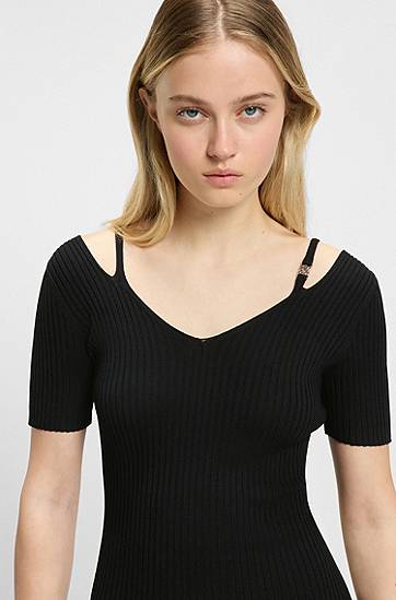 Kjole BOSS Ribbed-Knit Bodycon Midi Dress with Cutout Details Sort | 50538239, 1
