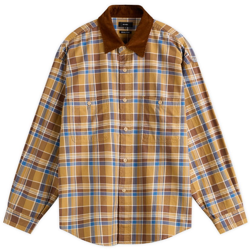 Skjorte BEAMS Corduroy Collar Check Work Shirt, Size Small Gul | 1111-1242-803-20