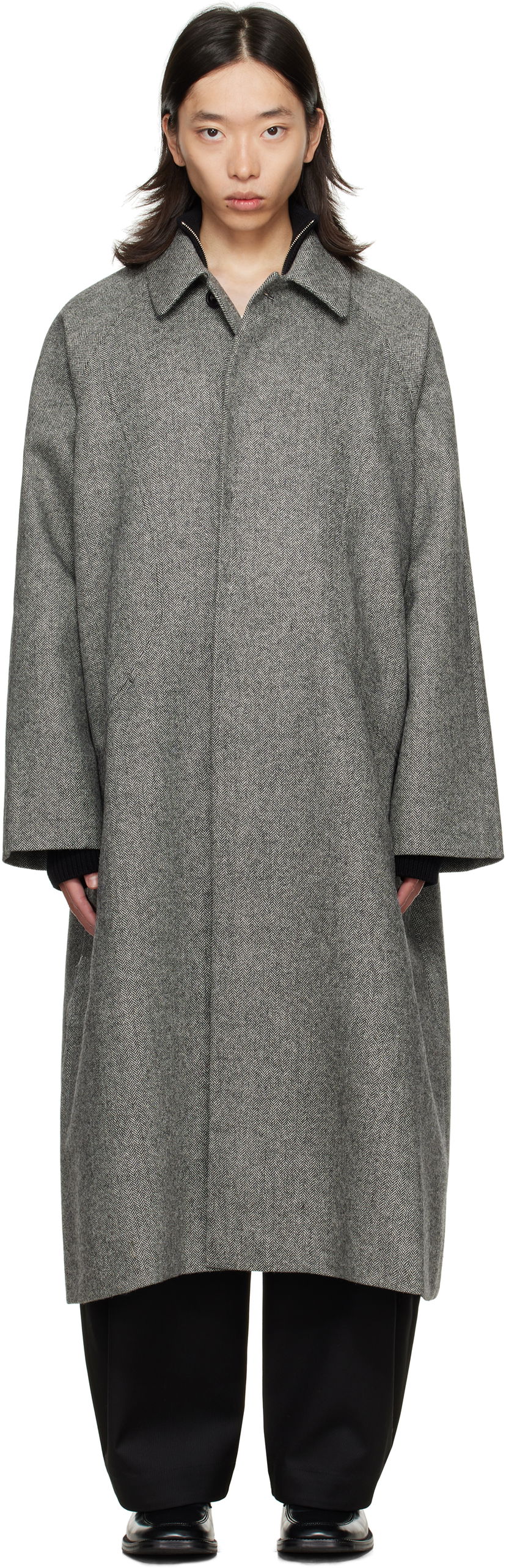 Frakker sage NATION SAGE NATION Takeshi Herringbone Coat Grå | S028 TAKESHI COAT WOOL BLACK A