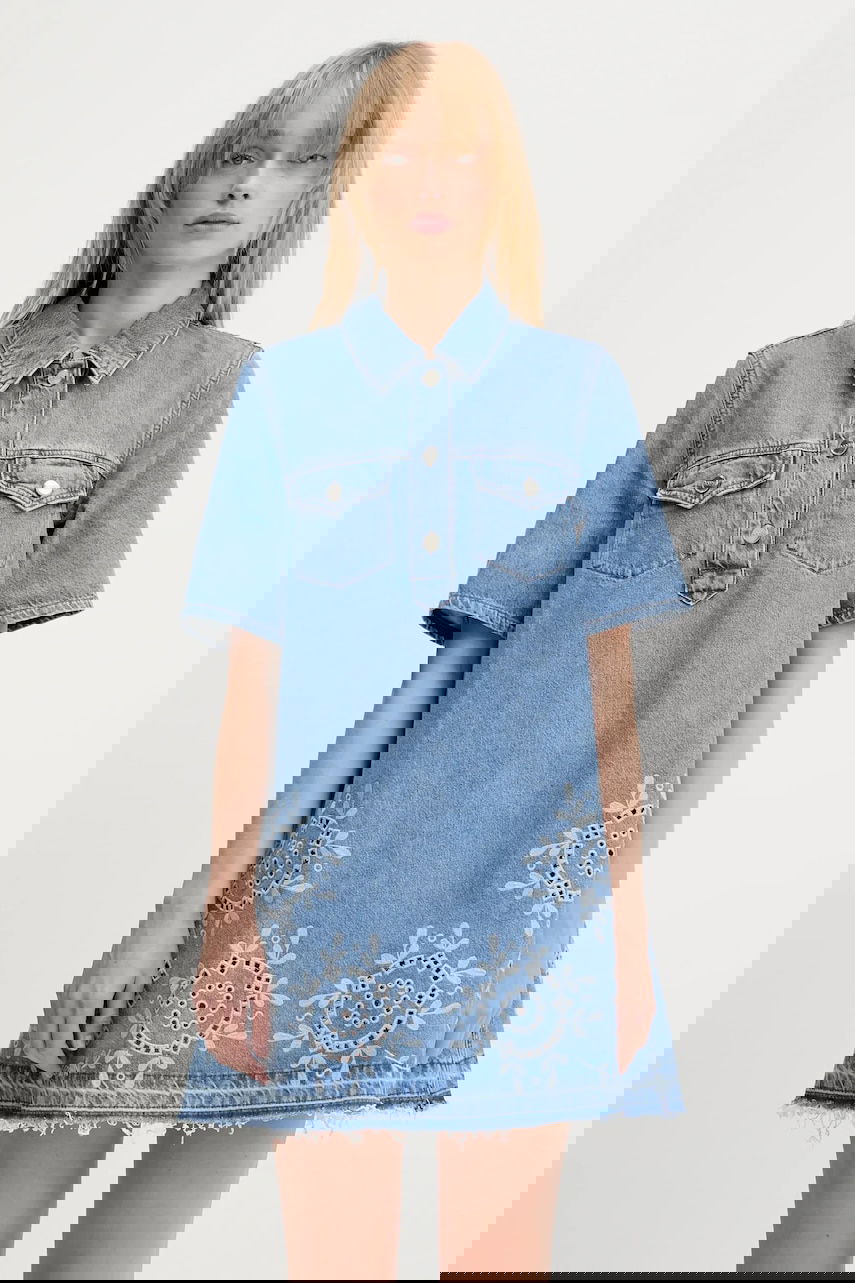 Kjole GANNI GANNI Broderie Anglaise Denim Mini Dress Blå | J1694, 0