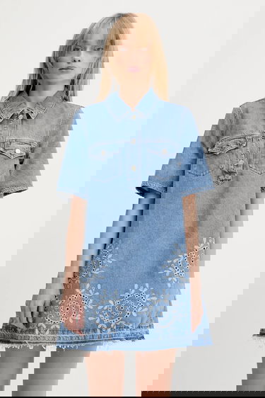 Kjole GANNI GANNI Broderie Anglaise Denim Mini Dress Blå | J1694, 0