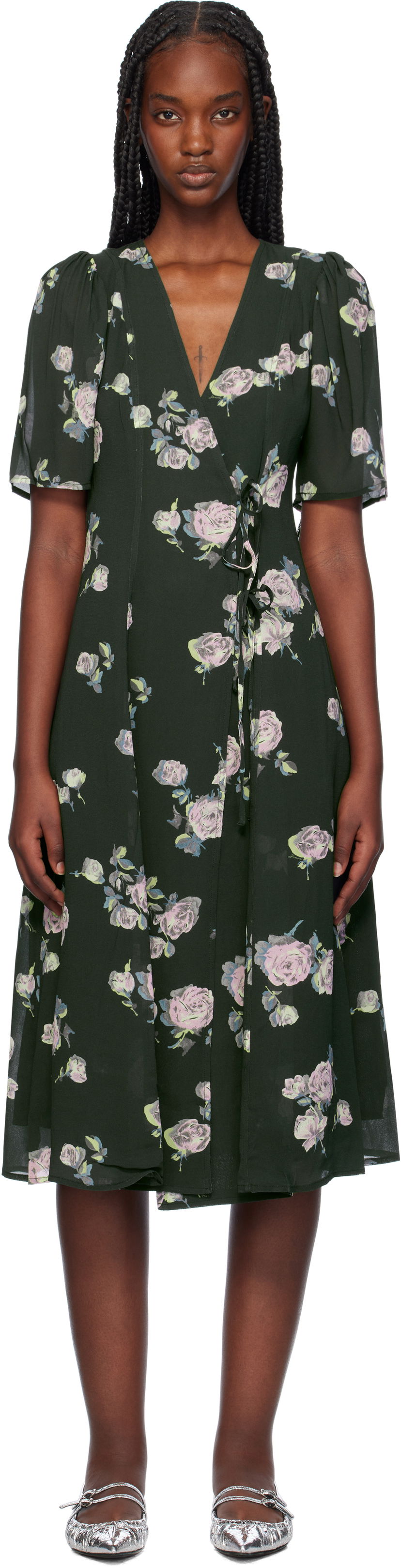 Kjole GANNI Floral Crepe Wrap Midi Dress Grøn | F9504