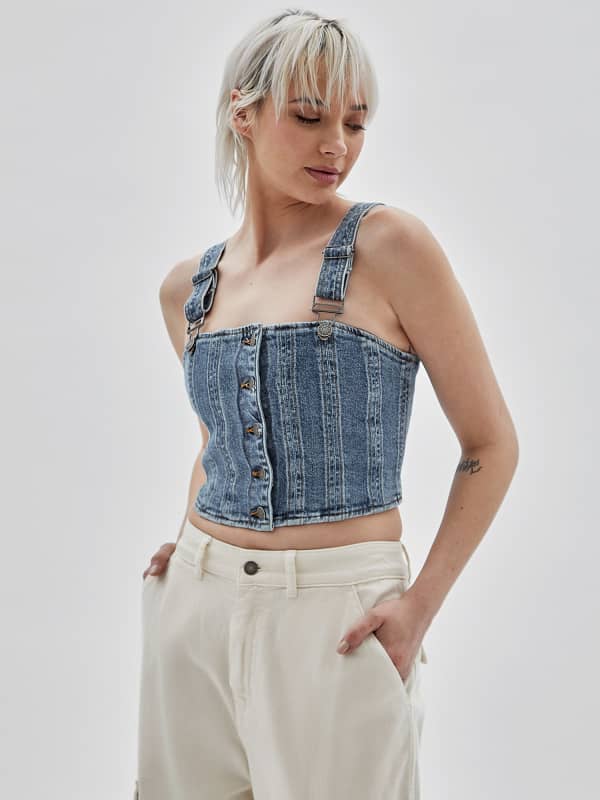 Crop top GUESS Originals Front Buttons Denim Bustier Mørkeblå | W3YG25D4ON0, 0