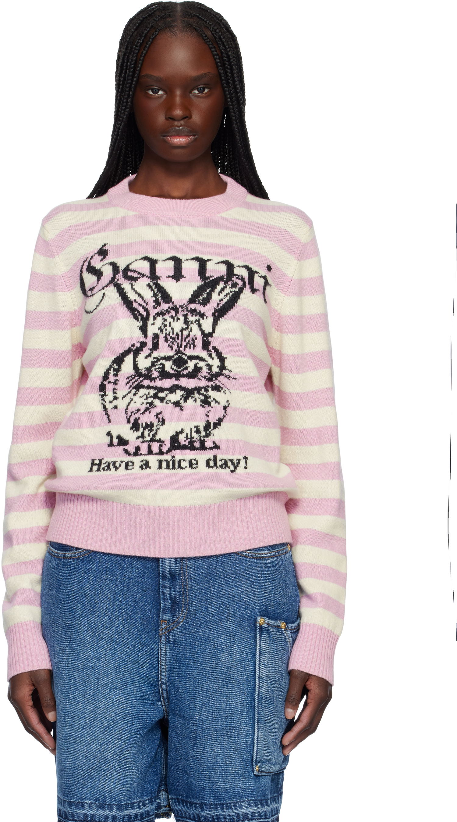 Sweater GANNI Ganni Striped Wool Bunny Sweater Lyserød | K2426, 0