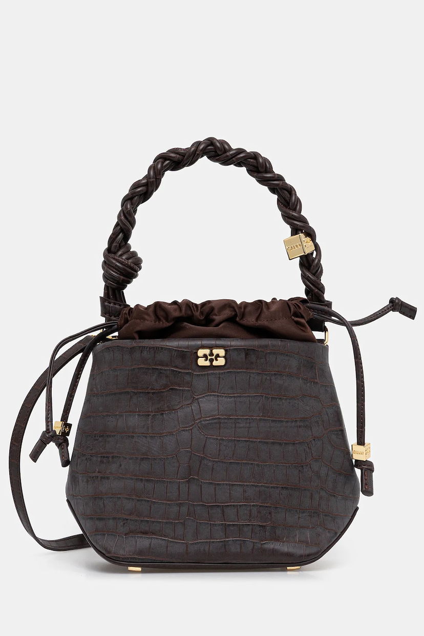 Håndtaske GANNI Bou Braided Handle Crocodile-Embossed Drawstring Bucket Bag Brun | A6697
