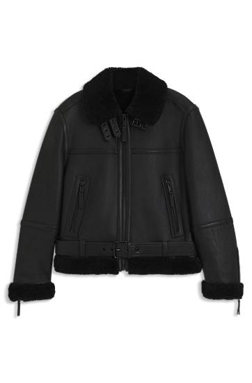 Jakke BOSS Aviator Leather Jacket with Shearling Trims and Belted Waist Sort | 50546494, 0