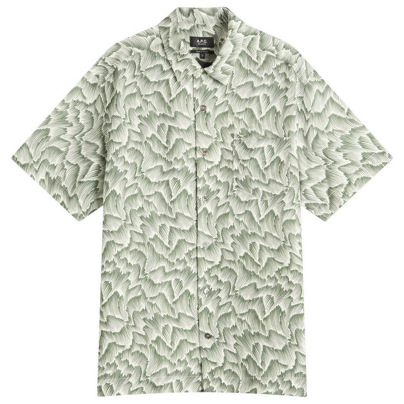 Skjorte A.P.C. A.P.C. Roy Wave Print Shirt, Size Small Grøn | VIALX-H12608-KAF