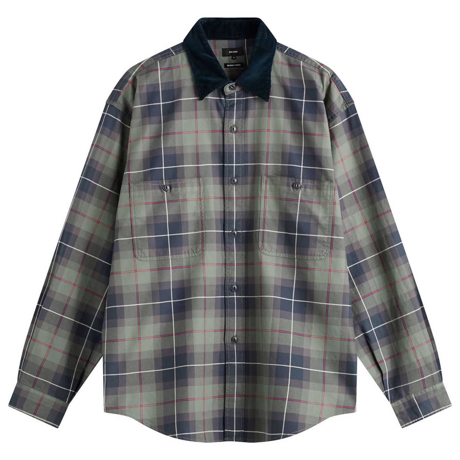 Skjorte BEAMS Corduroy Collar Check Work Shirt, Size Small Grøn | 1111-1242-803-67, 0