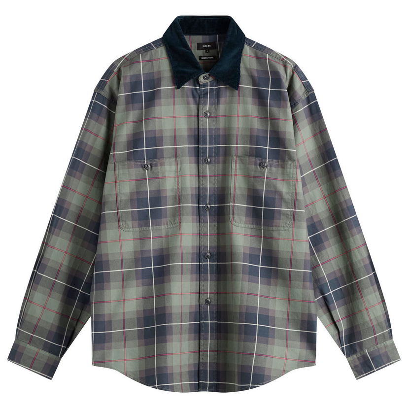 Skjorte BEAMS Corduroy Collar Check Work Shirt, Size Small Grøn | 1111-1242-803-67