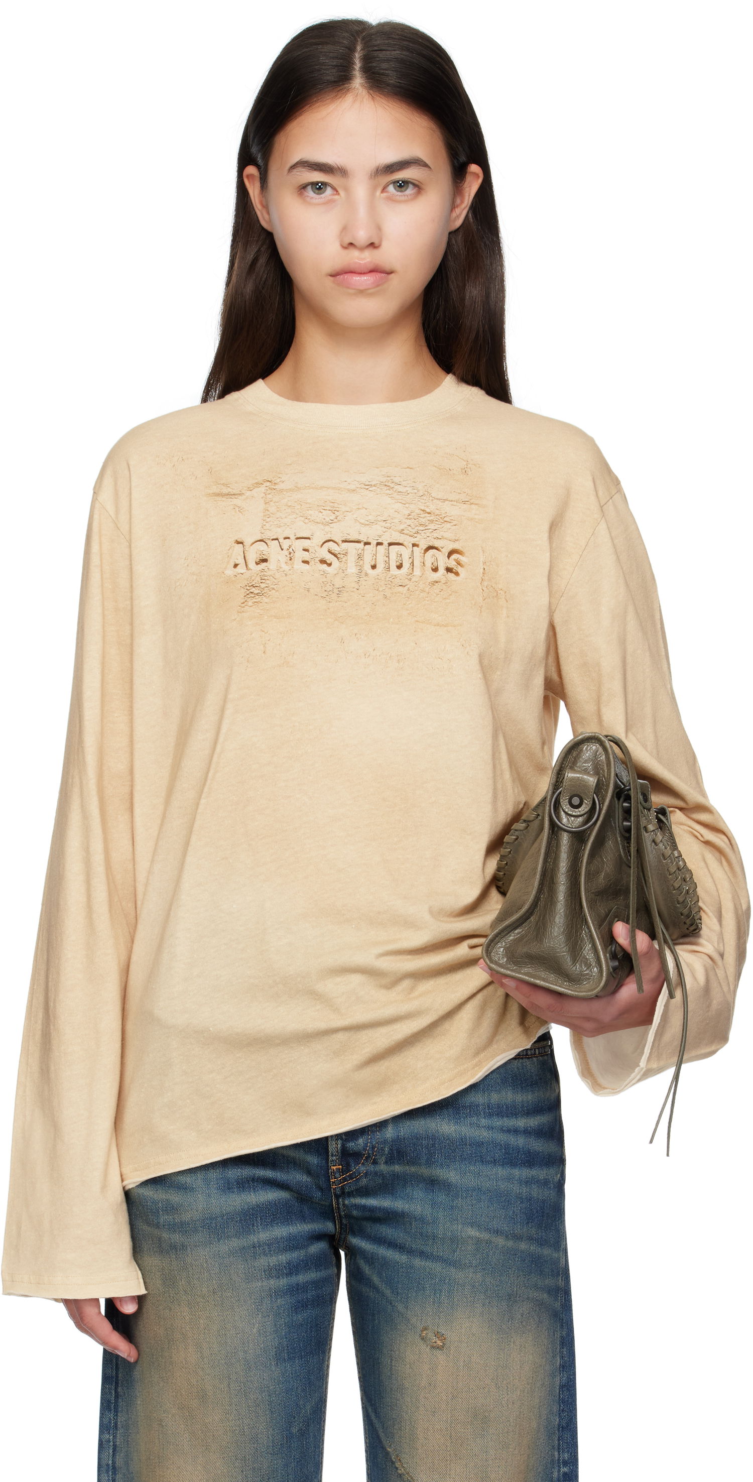 T-shirt Acne Studios Acne Studios Long Sleeve Logo T-Shirt Beige | CL0361-, 0