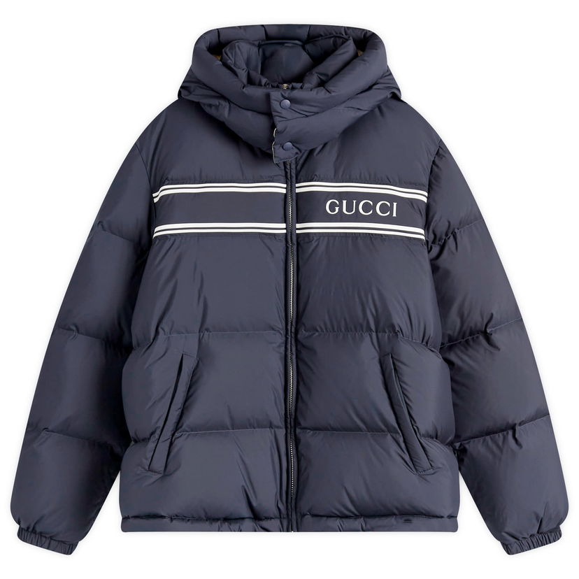 Puffer jakke Gucci Logo Hooded Down Jacket Mørkeblå | 794822-Z8BTA-4215