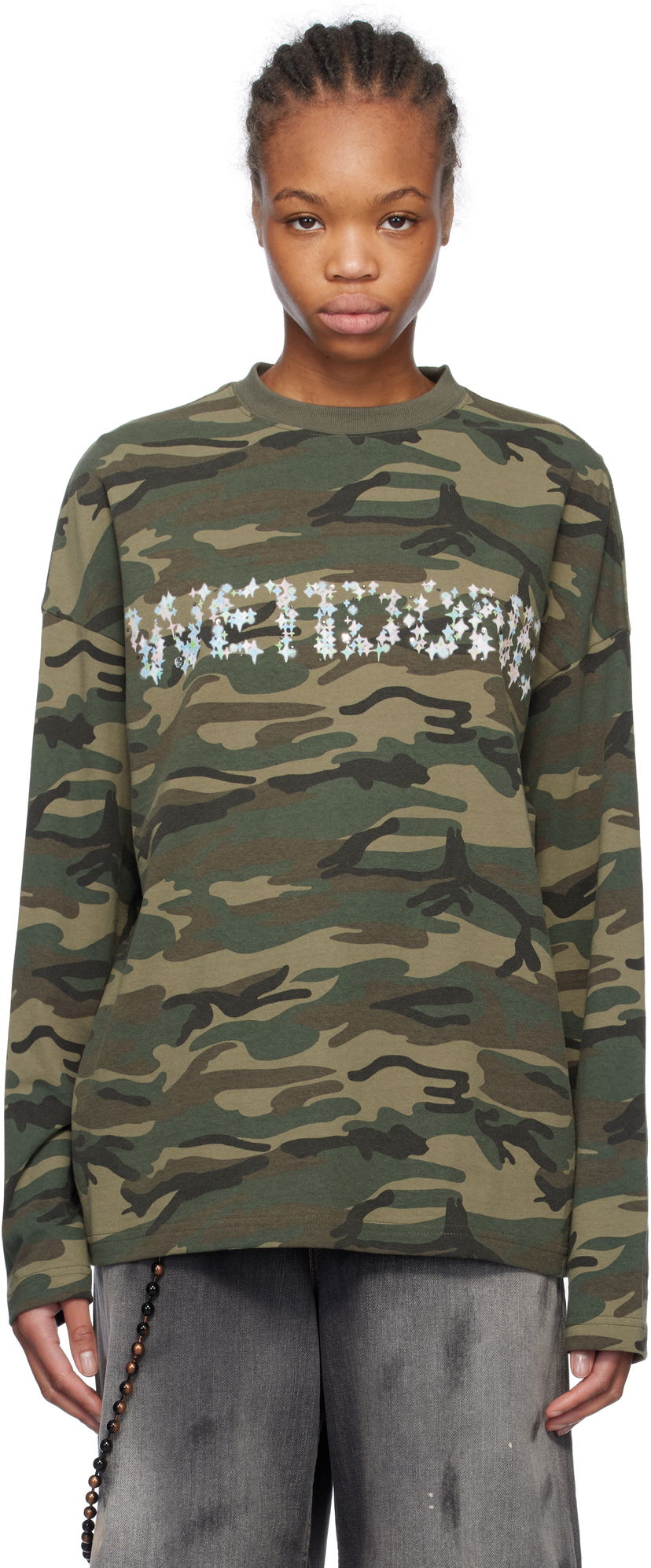 T-shirt We11done We11done Sparkle Logo Camo Long Sleeve T-Shirt Grøn | WD-TT0-25-742-U-MX