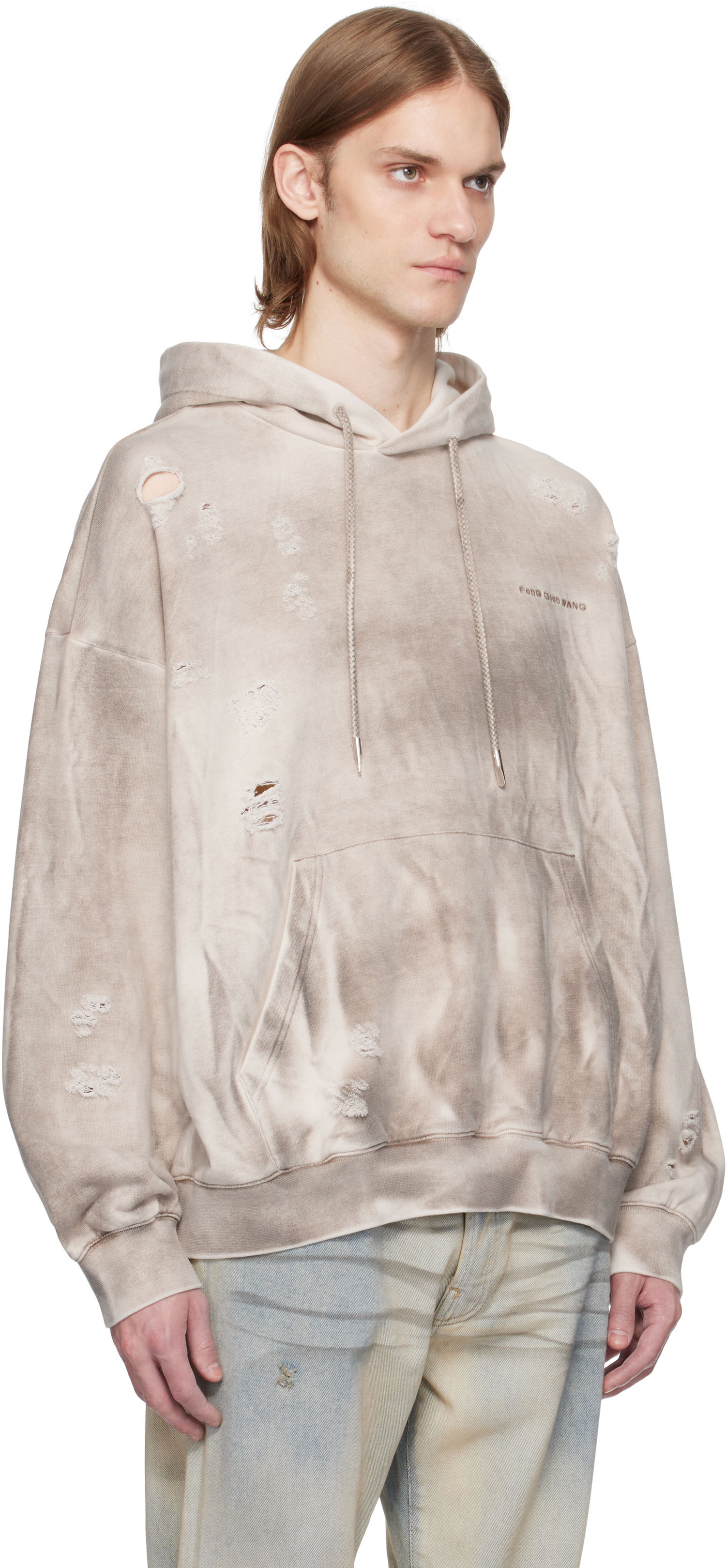 Sweatshirt Feng Chen Wang Feng Chen Wang Sandwashed Ripped Hoodie Beige | FUS19HD03, 1