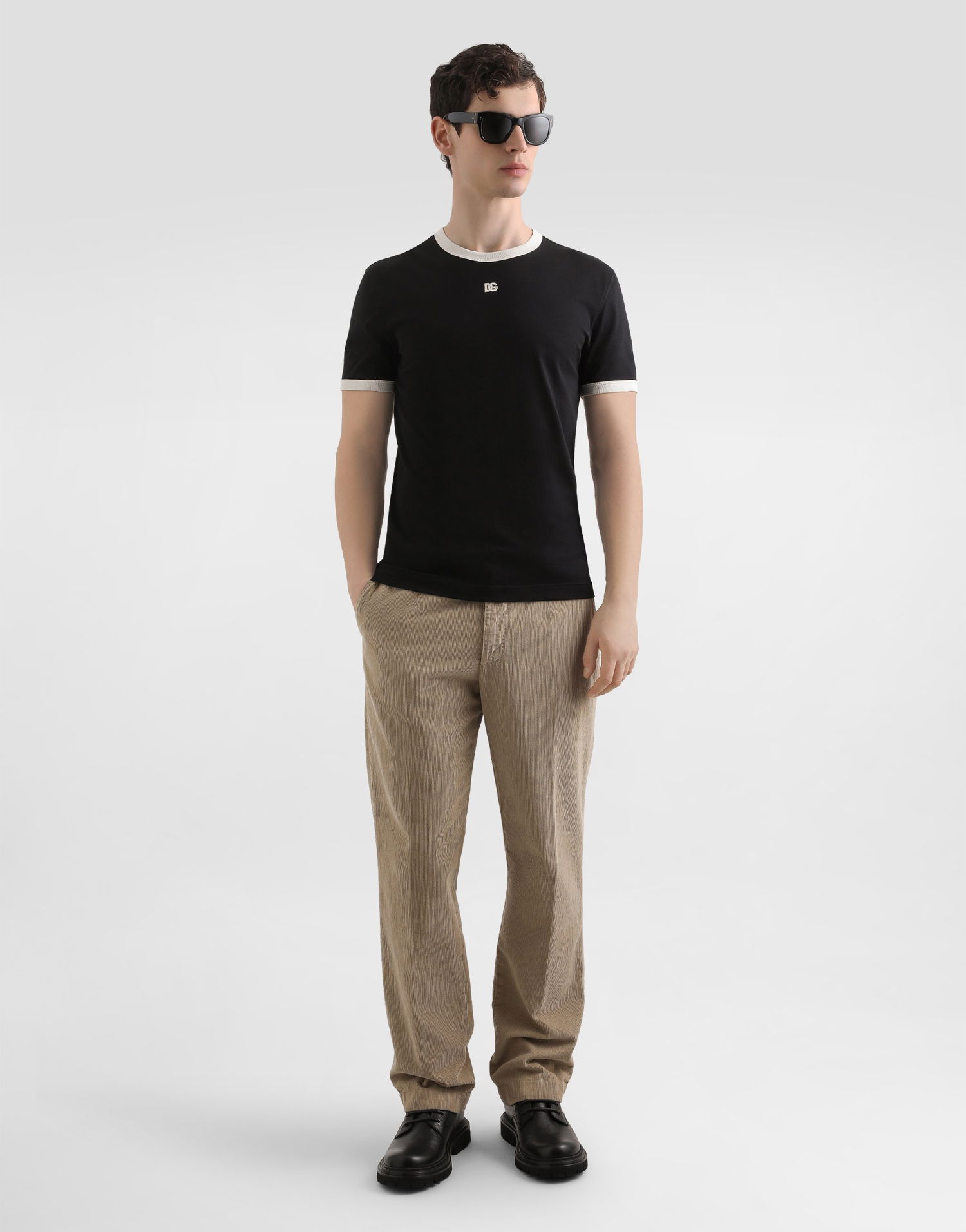 T-shirt Dolce & Gabbana Cotton Ringer T-shirt with DG Logo Embroidery Sort | G8PV1ZG7PJ4N0000, 1
