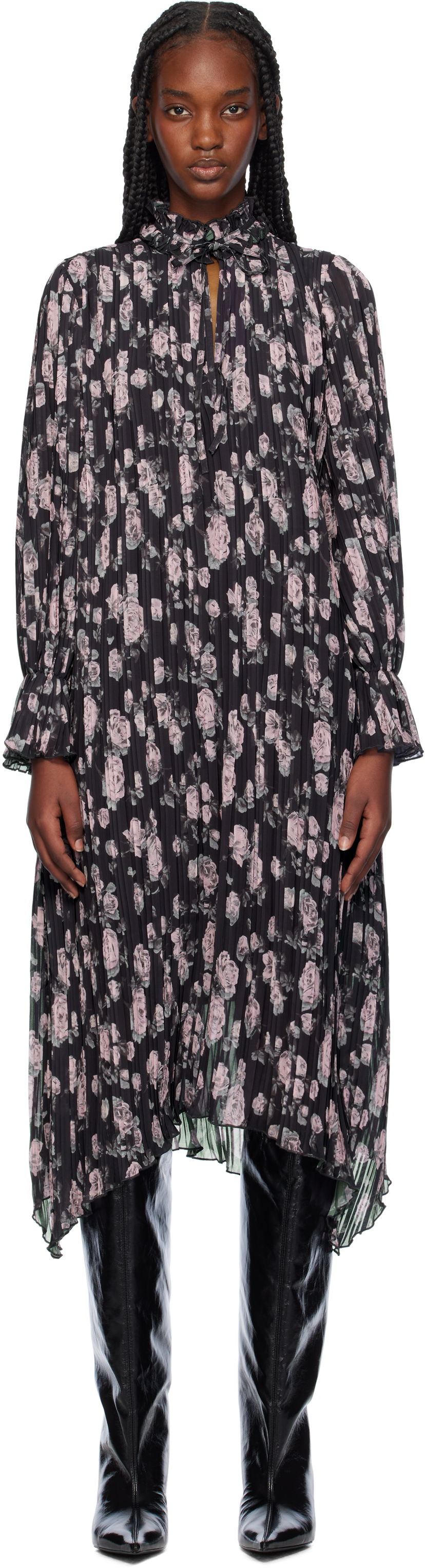 Kjole GANNI Floral Print Pleated Midi Dress Sort | F9551
