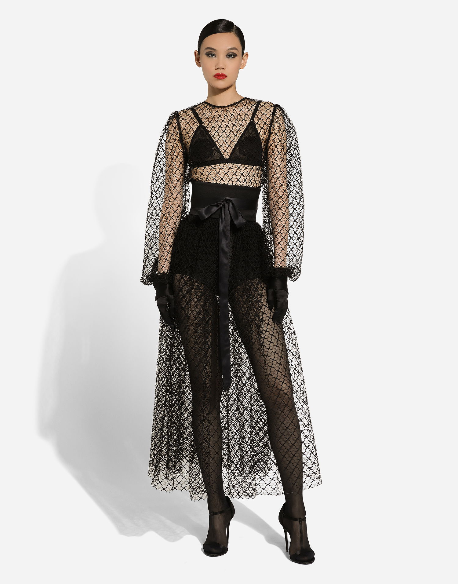 Kjole Dolce & Gabbana Dolce & Gabbana Calf-Length Mesh Dress with Belt Sort | F6JOITILMBEN0000, 1