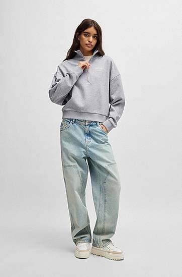 Sweatshirt BOSS Cotton Terry Zip-Neck Sweatshirt Grå | 50531192, 1