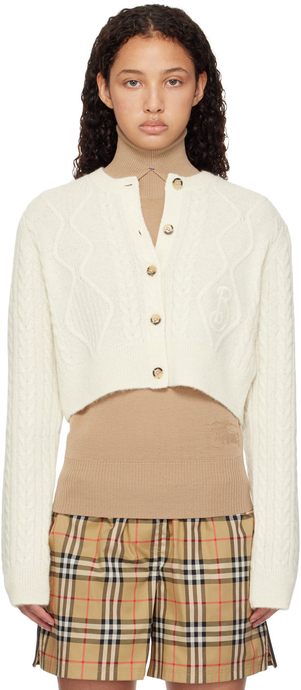 Sweater Burberry Burberry Cropped Aran Wool Blend Cardigan Hvid | 8097967, 0
