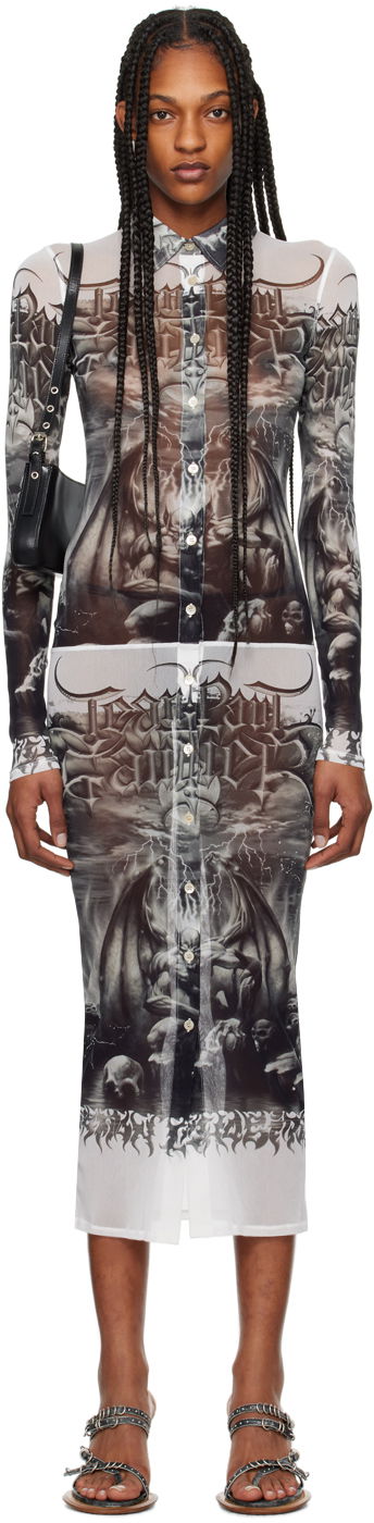 Kjole Jean Paul Gaultier Jean Paul Gaultier 'The Diablo' Print Mesh Midi Dress Hvid | 24/25-F-RO095-T546-0100
