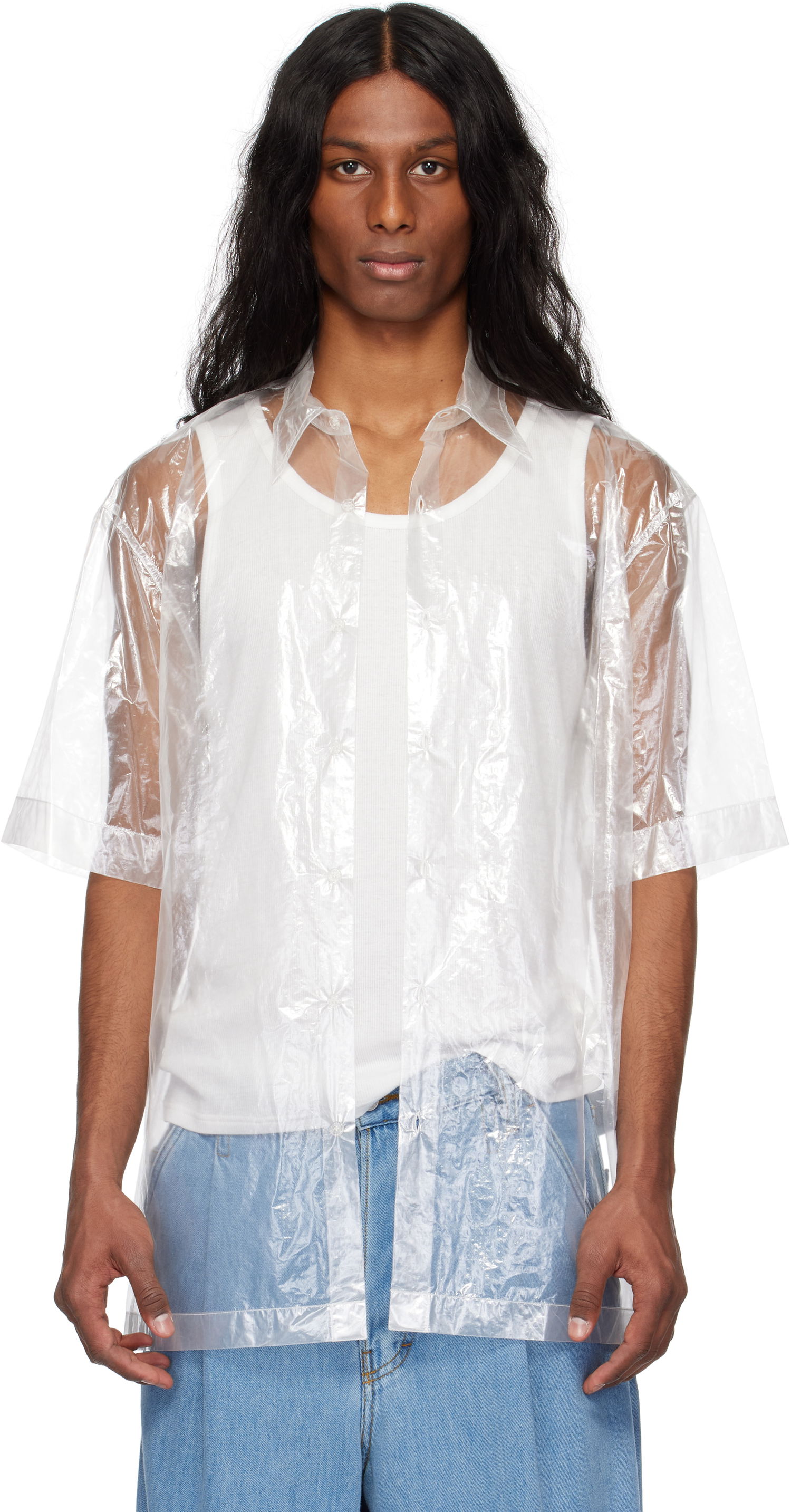 Skjorte Dries Van Noten Dries Van Noten Transparent Nylon Button-Up Shirt Hvid | 251-020700-1257, 0