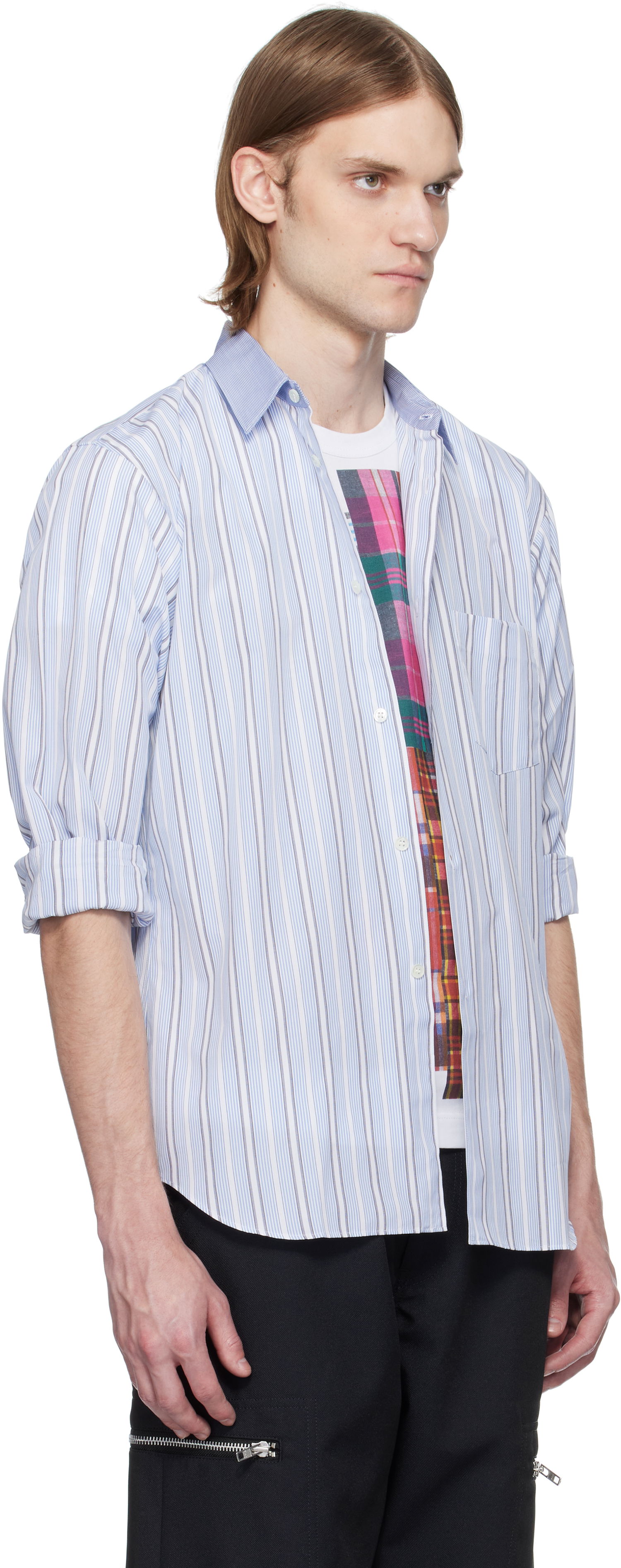 Skjorte Comme des Garçons Comme des Garçons Yarn Dyed Cotton Stripe Poplin Shirt Blå | FZ-B402-051, 1