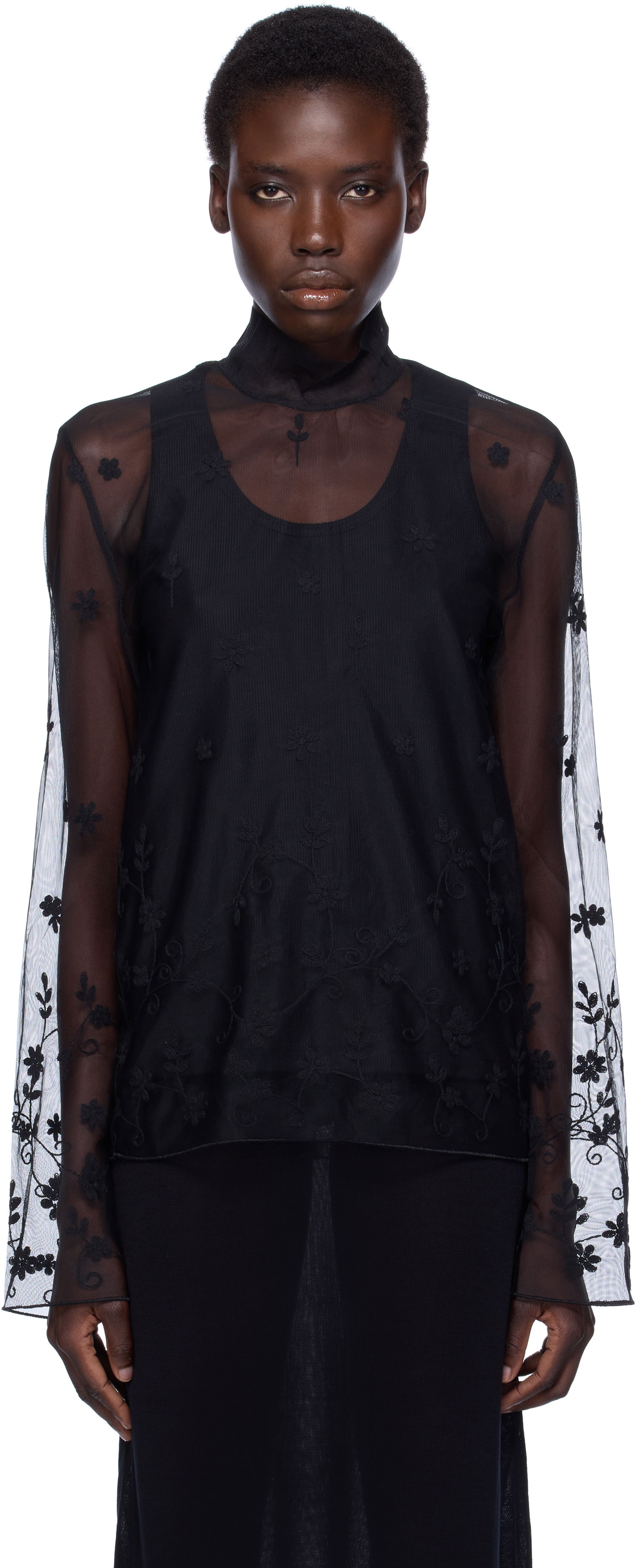 Skjorte TOTEME TOTEME Floral Tulle Mock Neck Blouse Sort | 253-WRT0546-FB0431, 0