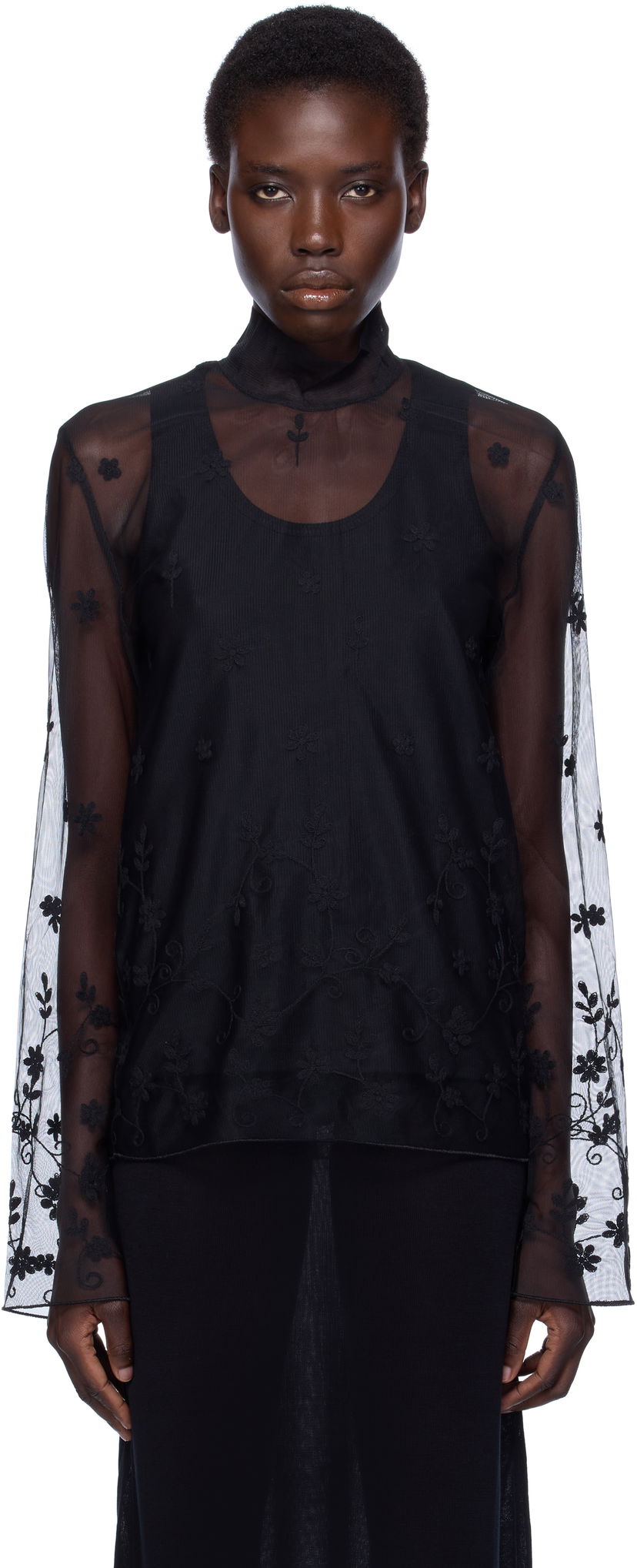 Skjorte TOTEME TOTEME Floral Tulle Mock Neck Blouse Sort | 253-WRT0546-FB0431
