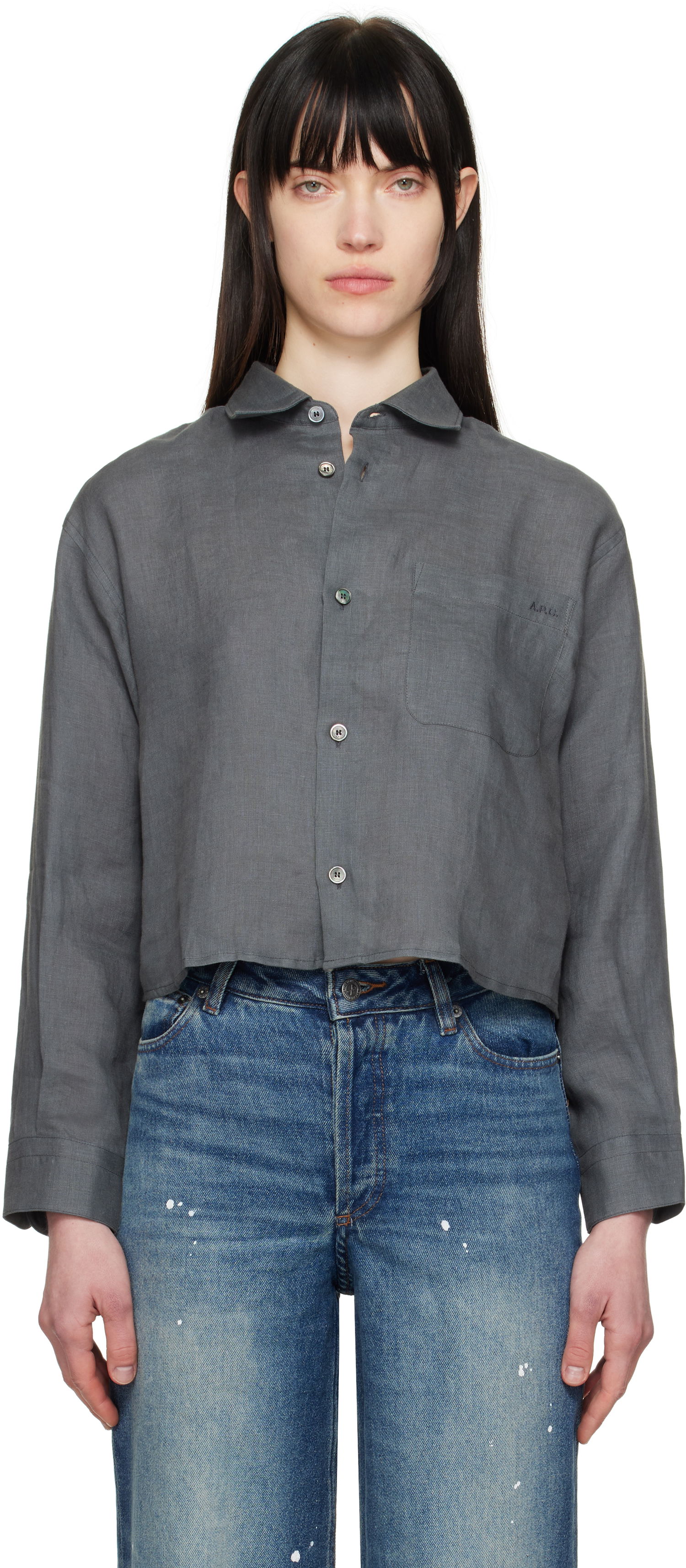 Skjorte A.P.C. A.P.C. Sophie Cropped Linen Shirt Grå | LIAEK-F12627, 0