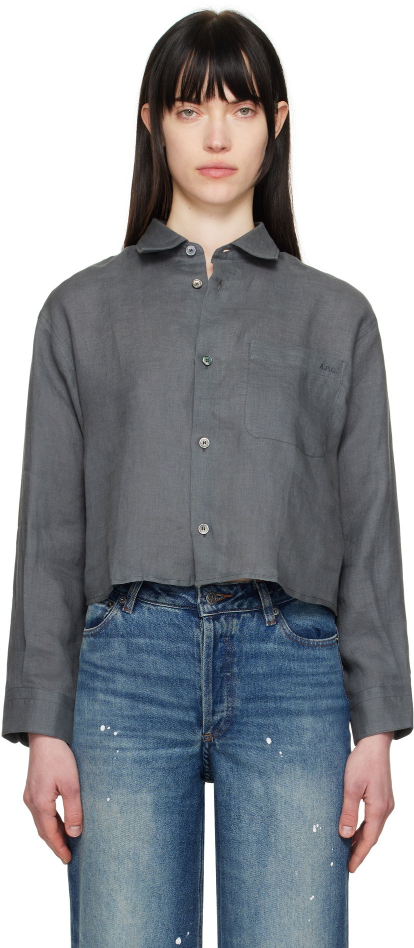 Skjorte A.P.C. A.P.C. Sophie Cropped Linen Shirt Grå | LIAEK-F12627