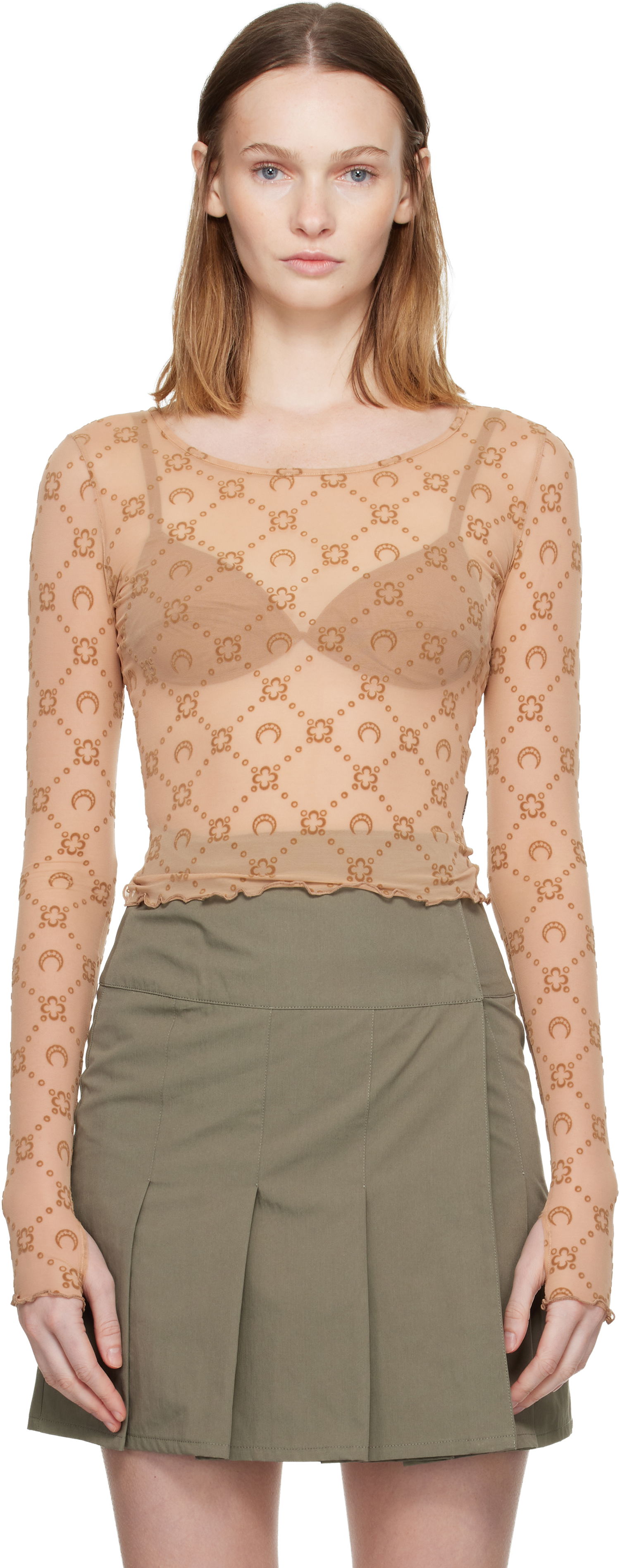 Crop top Marine Serre Moonogram Mesh Flock Long Sleeve Cropped Top Beige | WTS012S CJER0005, 0