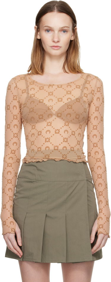 Crop top Marine Serre Moonogram Mesh Flock Long Sleeve Cropped Top Beige | WTS012S CJER0005, 0