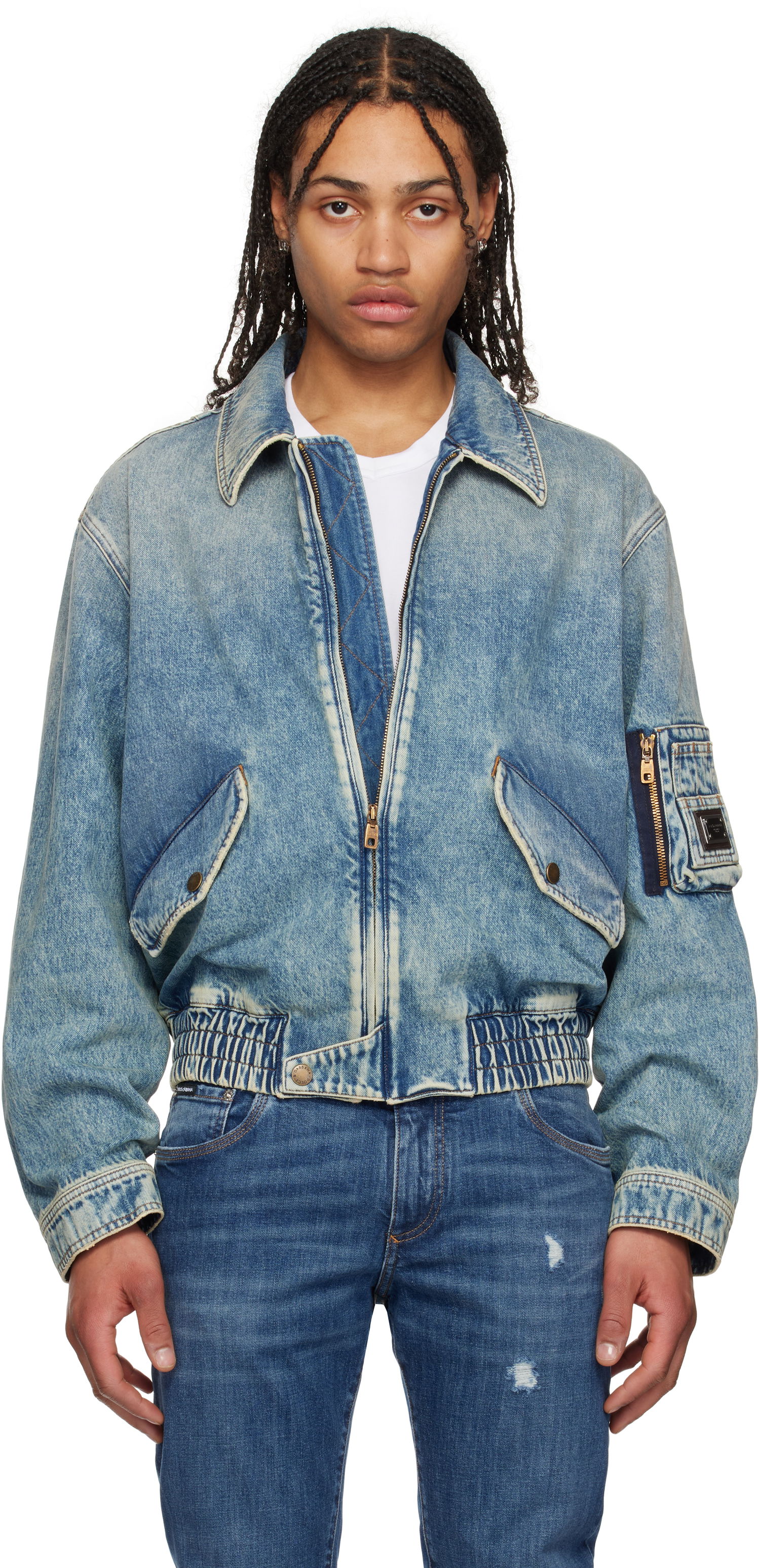 Bomberjakke Dolce & Gabbana Dolce&Gabbana Tag Denim Bomber Jacket Blå | G9BKNDG8ME5, 0