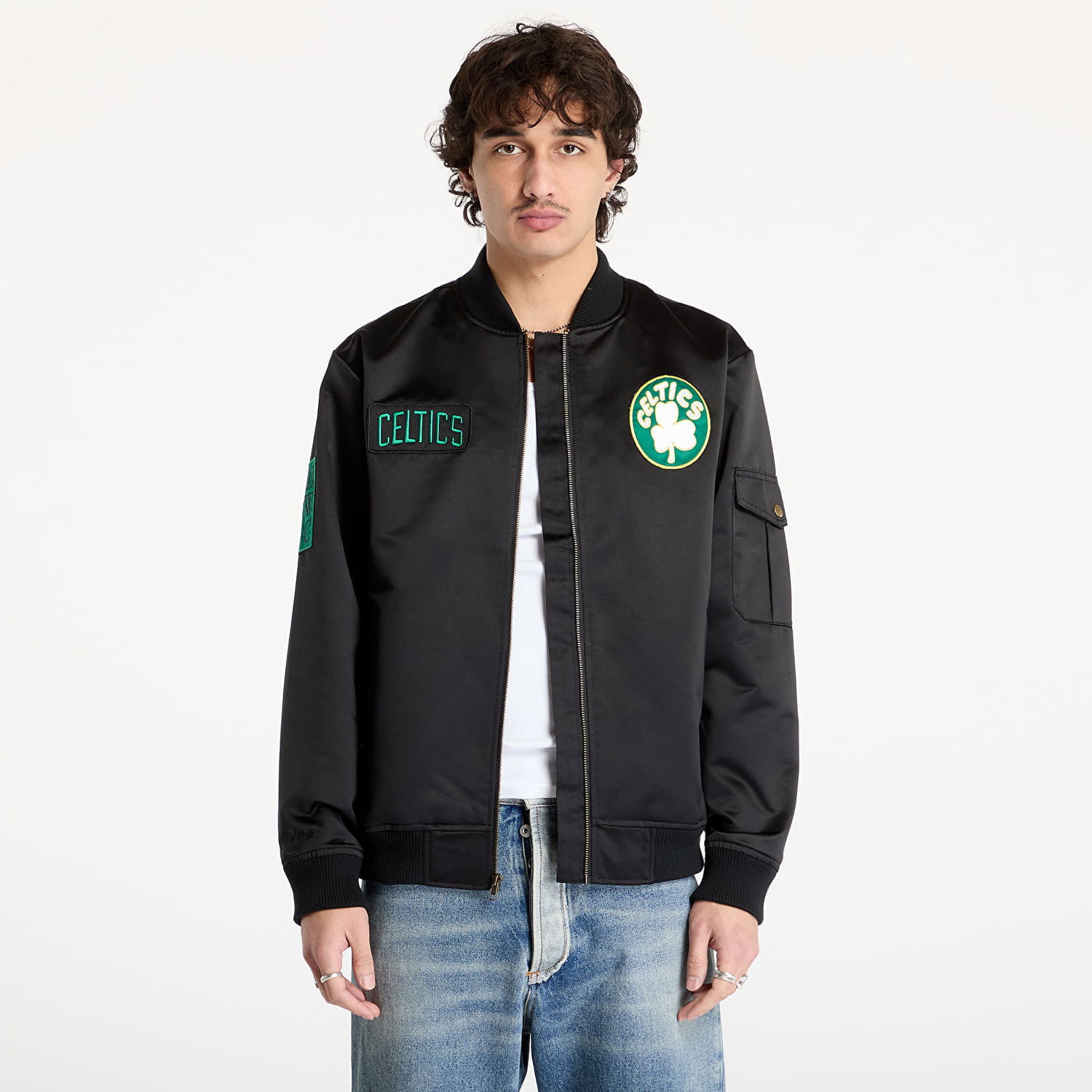 Bomberjakke Mitchell & Ness Team Leader Satin Bomber Jacket Sort | JK8095-BCEBLCK, 0