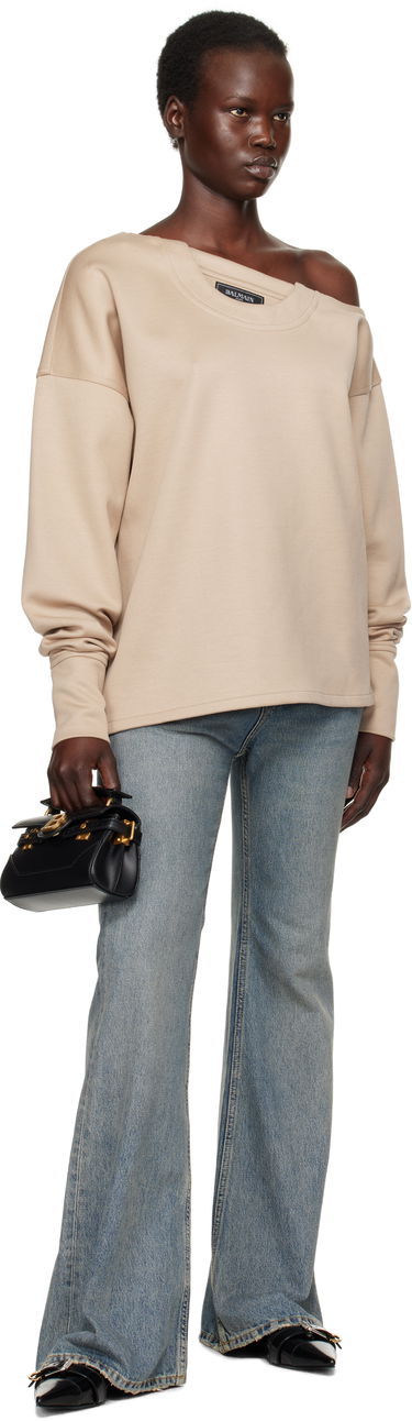 Sweater Balmain Balmain Asymmetrical Jersey Off-The-Shoulder Sweatshirt Beige | EF1HU301JJ69, 3