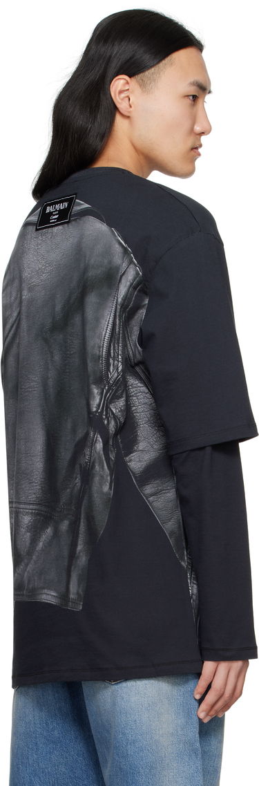 T-shirt Balmain Balmain Long Sleeve Biker Jacket Graphic T-Shirt Sort | EH1EM016GE40, 2