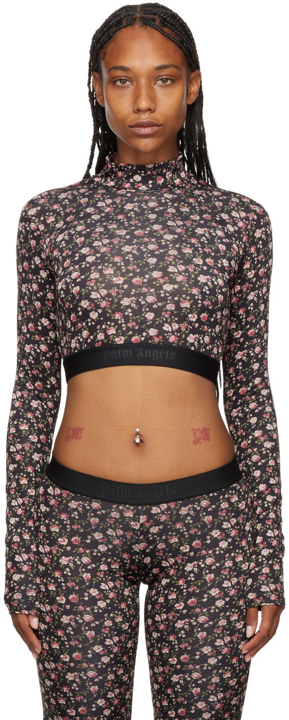 Crop top Palm Angels Floral Print Long Sleeve Crop Top Sort | PWAD040F22FAB0031030