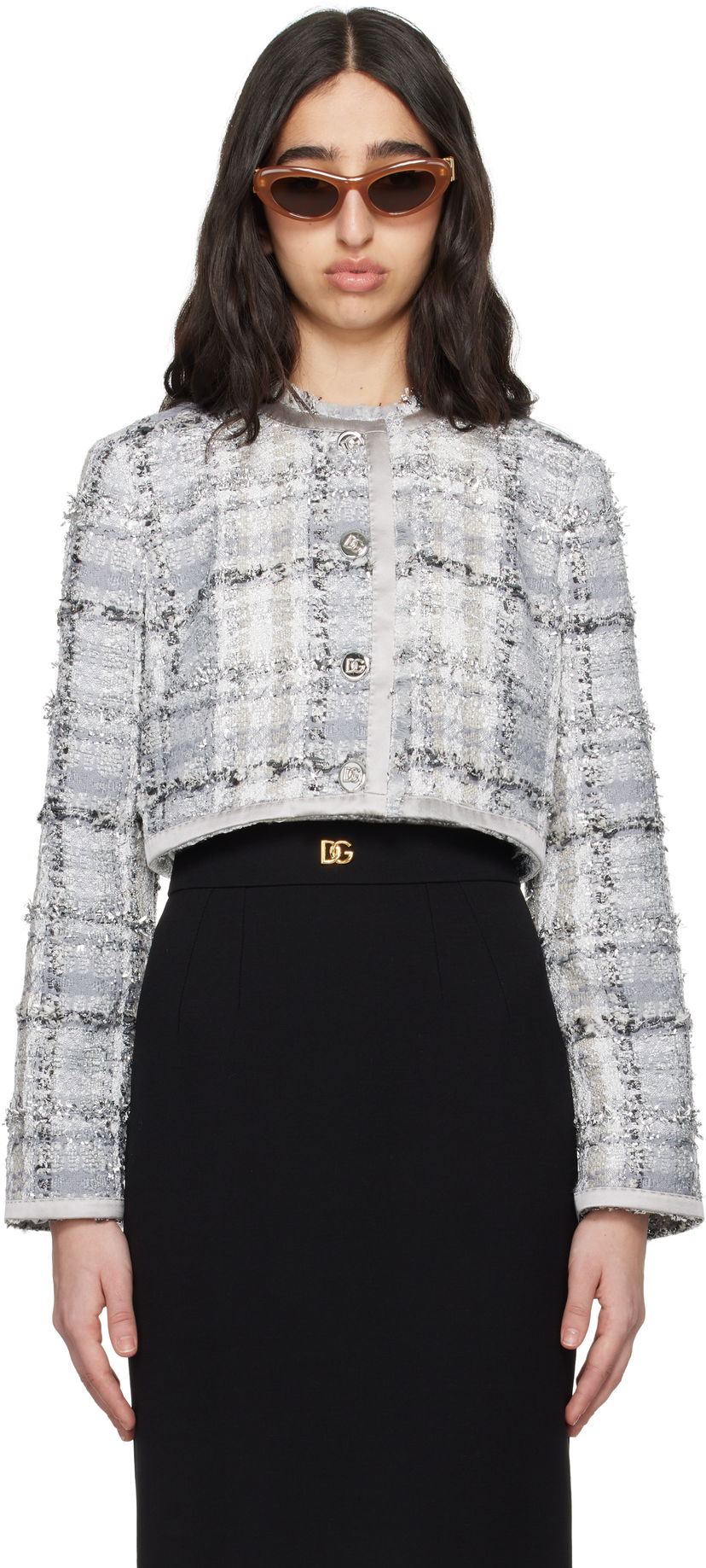 Jakke Dolce & Gabbana Dolce&Gabbana Short Check Lurex Raschel Tweed Jacket Grå | F27DQT FQZAE