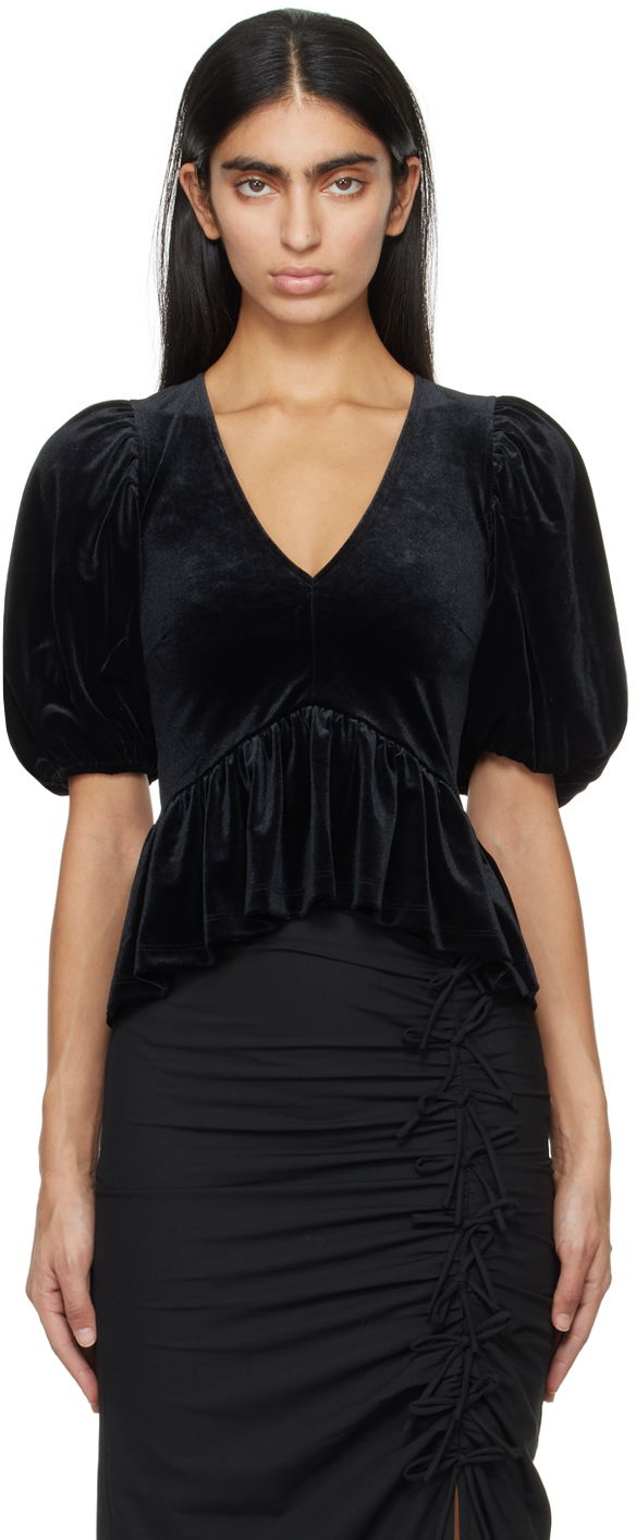 Skjorte GANNI Velvet V-Neck Peplum Top Sort | T3835