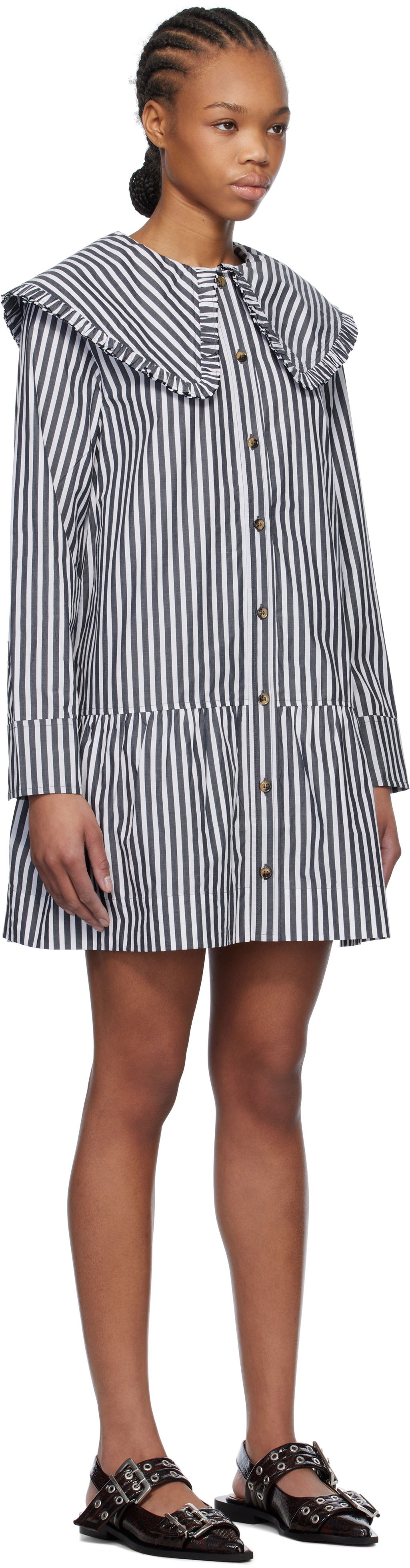 Kjole GANNI Ganni Striped Ruffle Collar Minidress Flerfarvet | W0098, 1