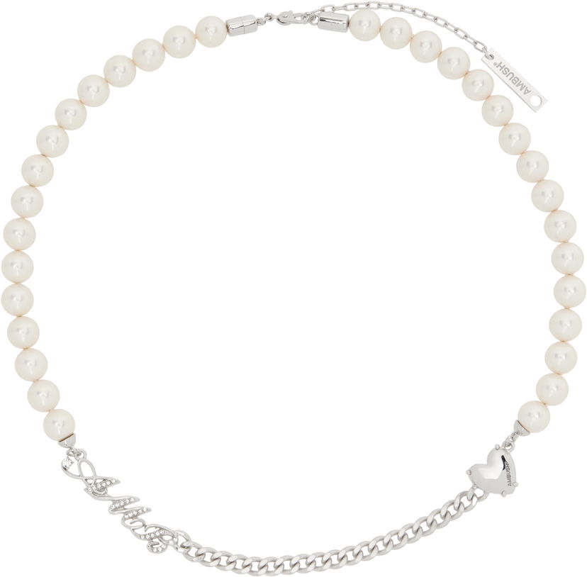 Halskæde Ambush AMBUSH Pearl and Chain Mix Necklace Hvid | BWOB007F24SIL0017200