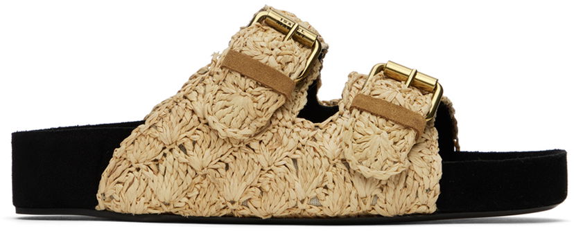 Skopleje ISABEL MARANT Isabel Marant Lennyo Raffia Double Buckle Slides Sort | 24PSD0118FA-B1B14S