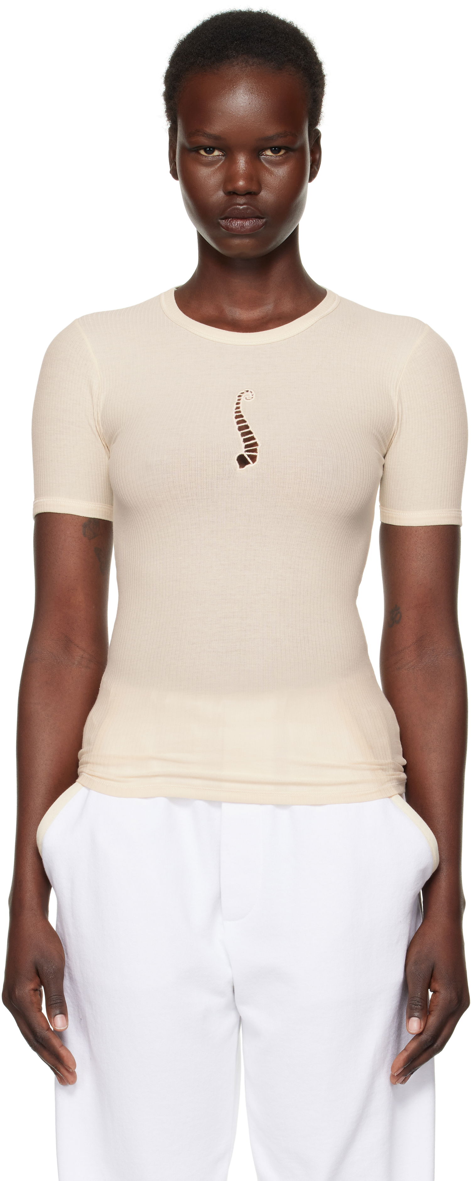 T-shirt Baserange Baserange Tower Cutout Ribbed T-Shirt Beige | TOTWS-RB-SP25, 0