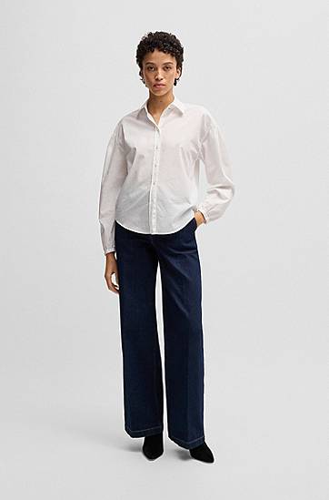 Skjorte BOSS Regular-Fit Cotton Poplin Blouse with Point Collar Hvid | 50538846, 1