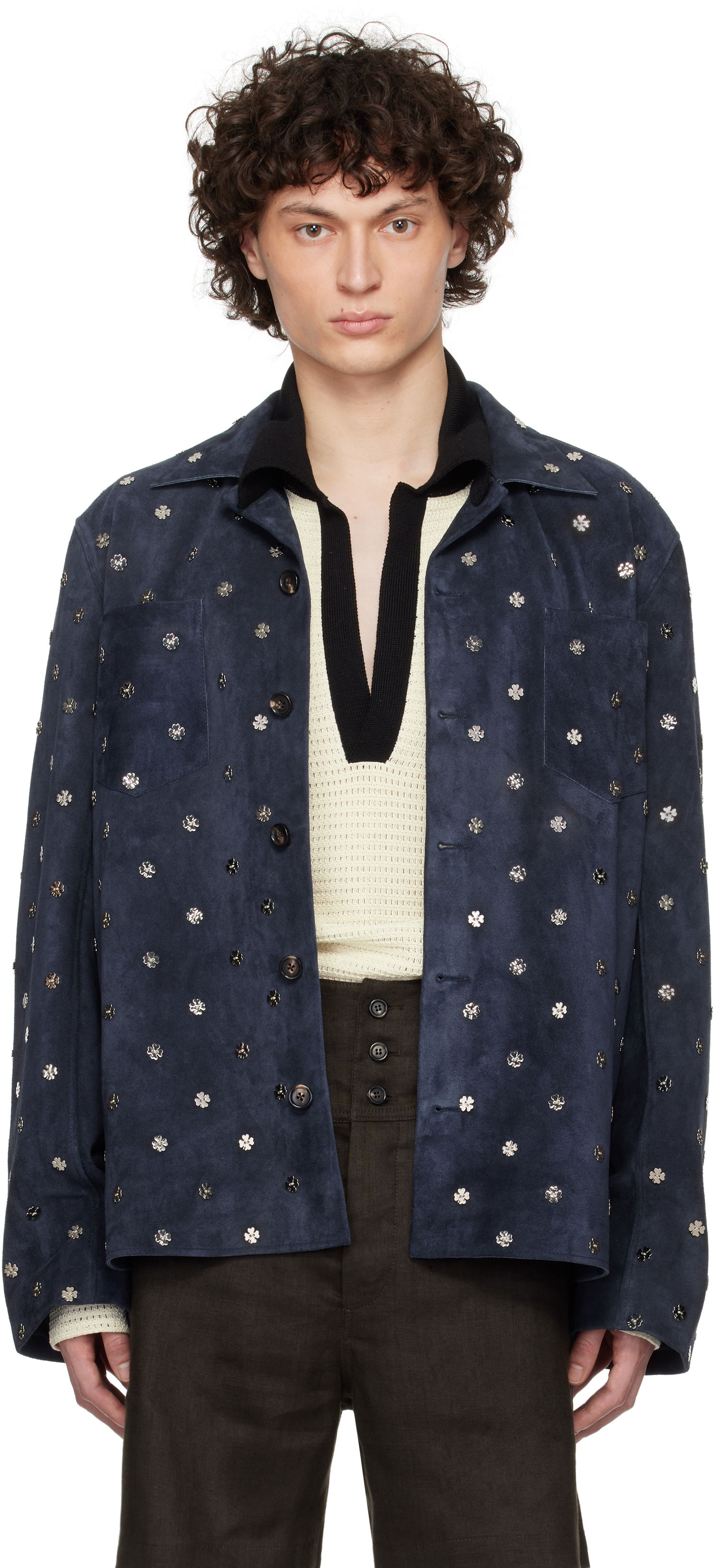 Jakke Bode Bode Clover Suede Work Shirt Blå | MRS25JA034, 0
