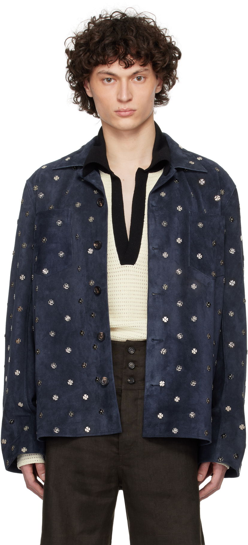 Jakke Bode Bode Clover Suede Work Shirt Blå | MRS25JA034