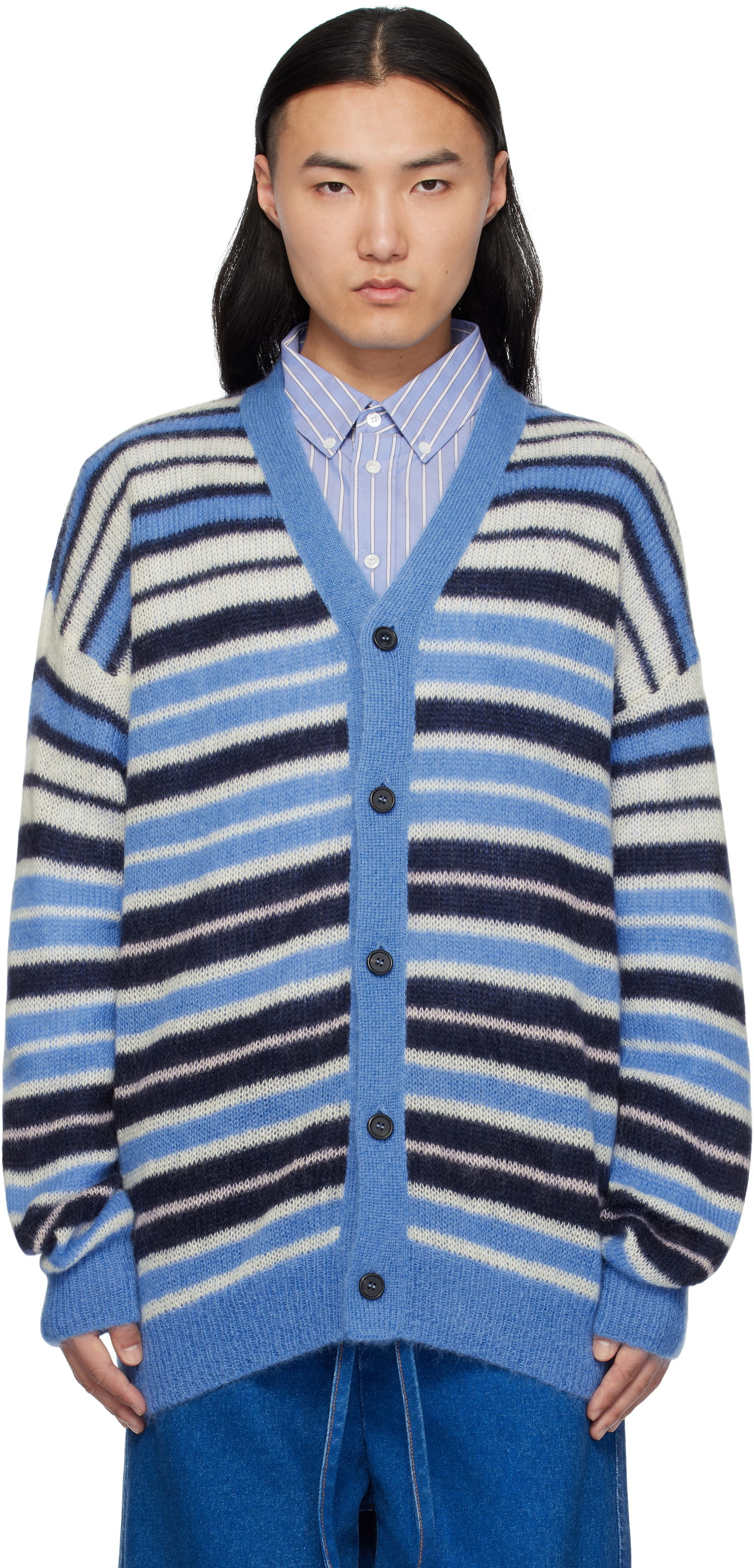 Sweater Marni Marni Lightweight Fuzzy Wuzzy Stripe Cardigan Blå | CDMG0153Q0 UFU178, 0